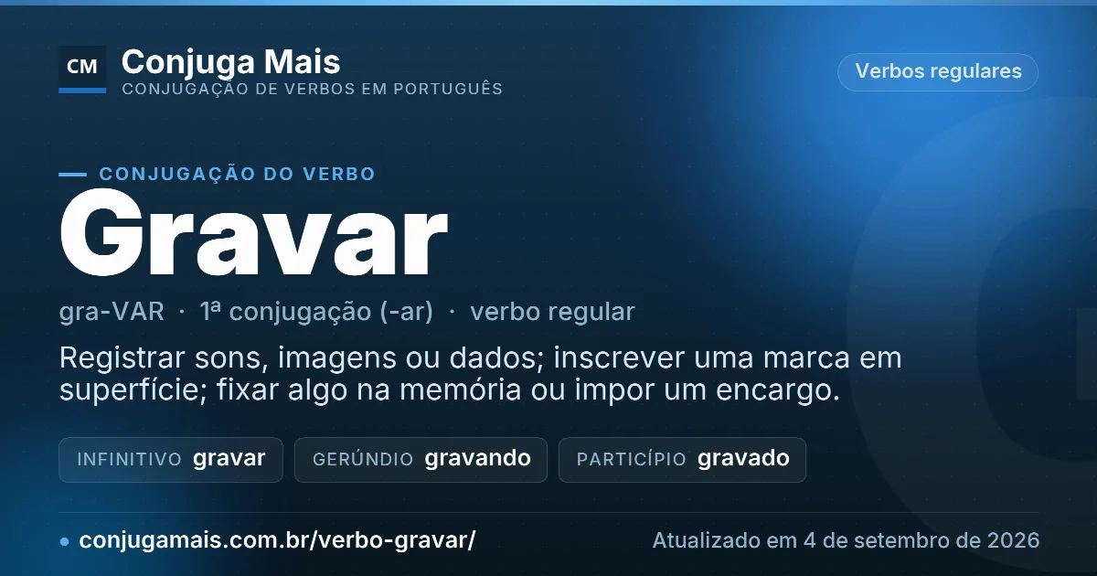 Cartão do verbo gravar com definição, formas principais, endereço da página e data de atualização.