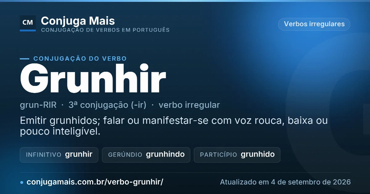 Cartão do verbo grunhir com definição, formas principais, endereço da página e data de atualização.