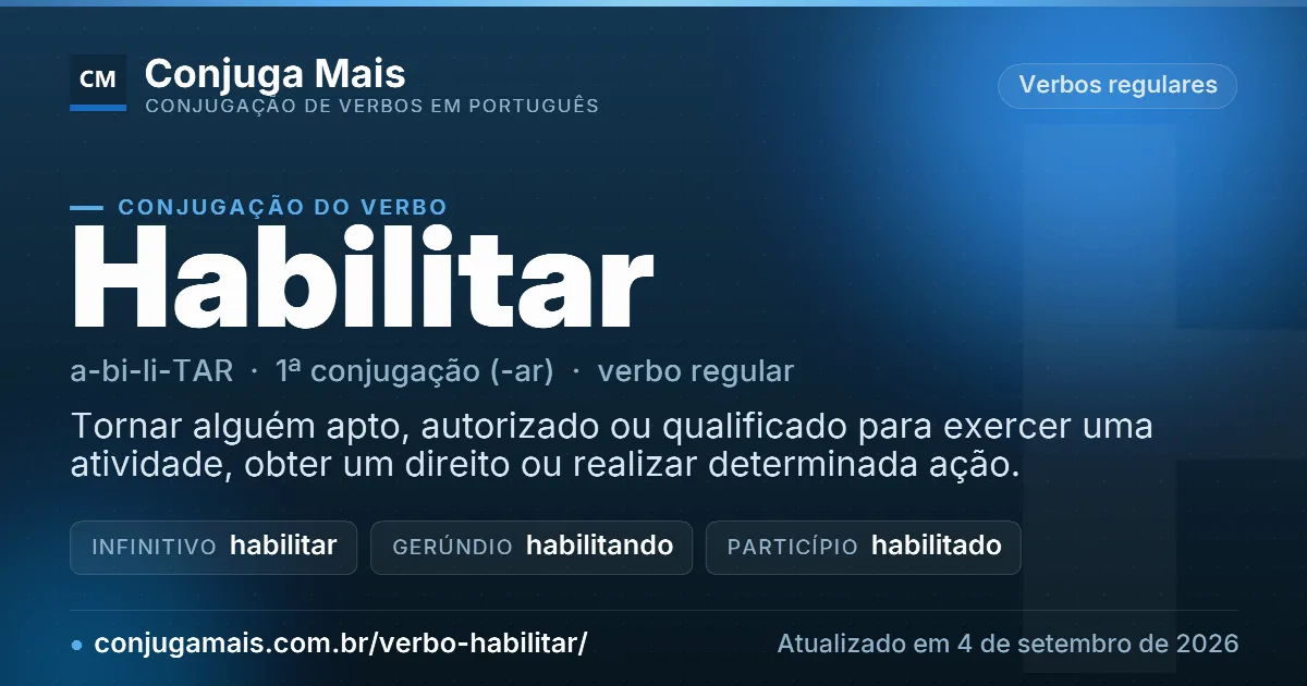Cartão do verbo habilitar com definição, formas principais, endereço da página e data de atualização.