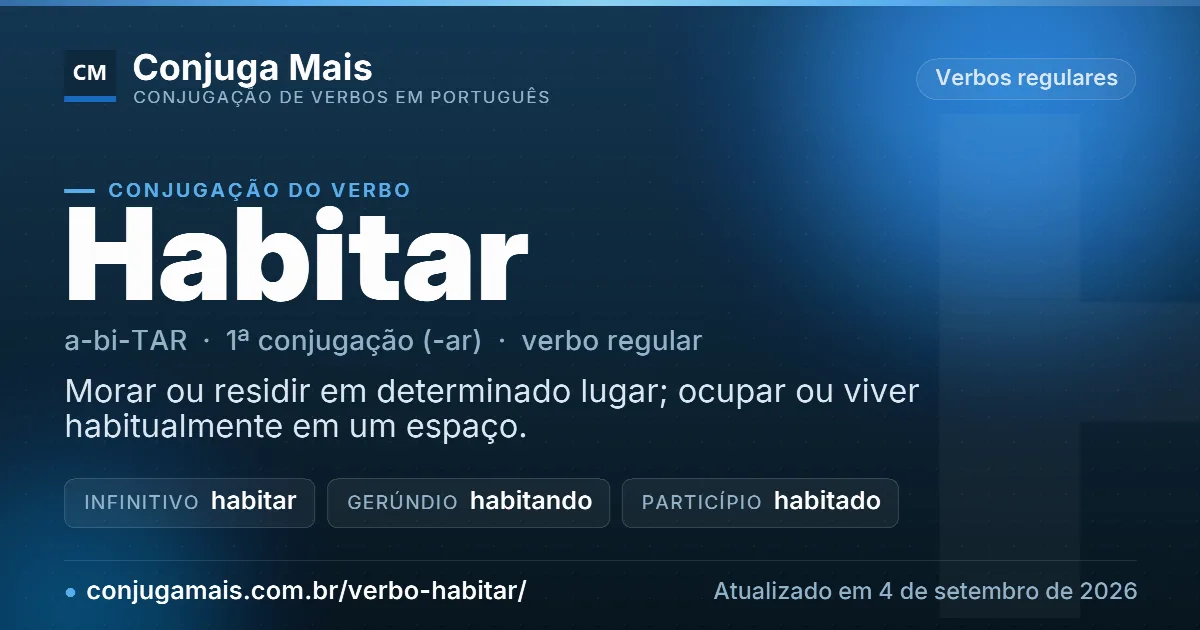 Cartão do verbo habitar com definição, formas principais, endereço da página e data de atualização.