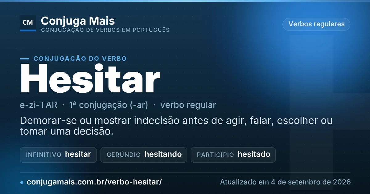 Cartão do verbo hesitar com definição, formas principais, endereço da página e data de atualização.