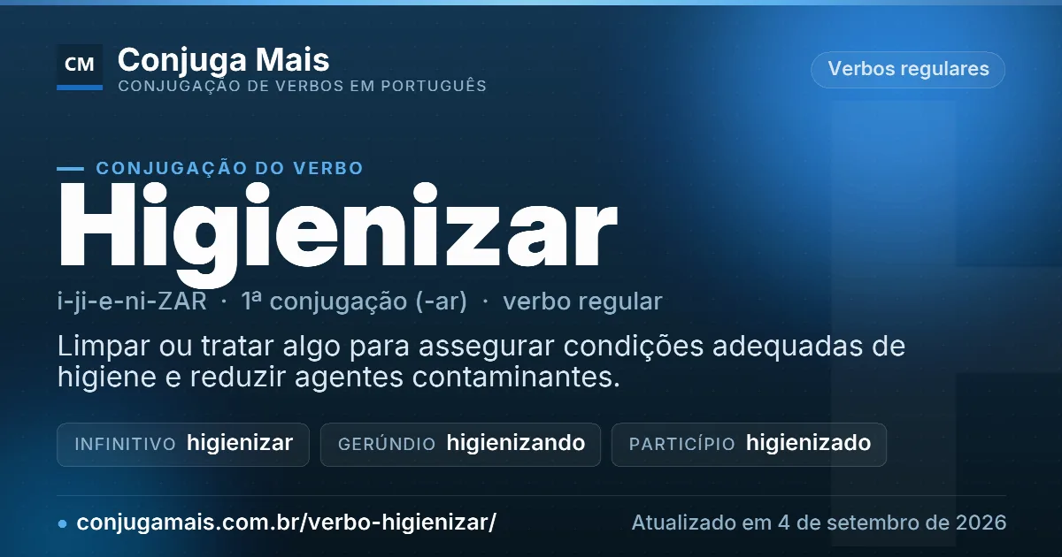 Cartão do verbo higienizar com definição, formas principais, endereço da página e data de atualização.