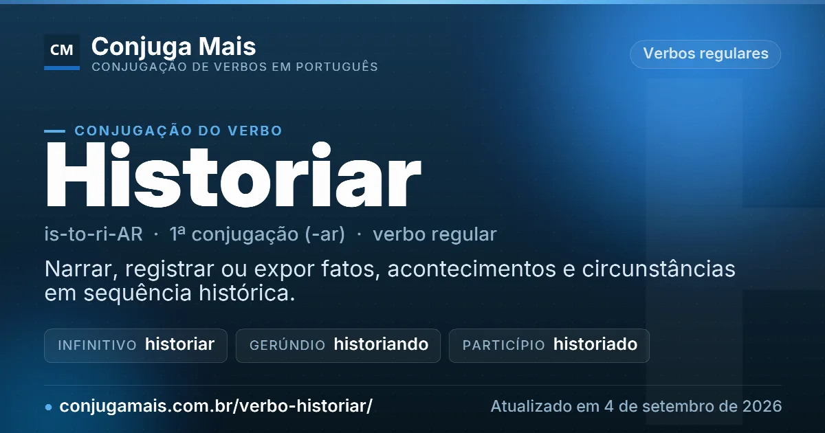 Cartão do verbo historiar com definição, formas principais, endereço da página e data de atualização.
