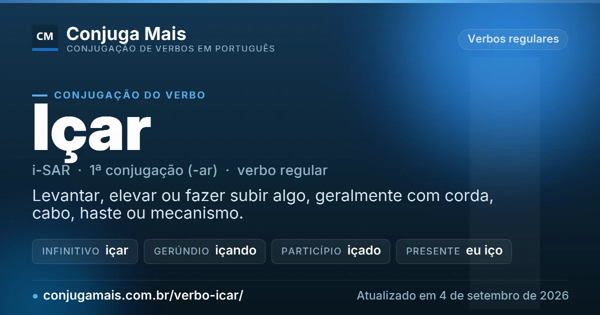 Cartão do verbo içar com definição, formas principais, endereço da página e data de atualização.