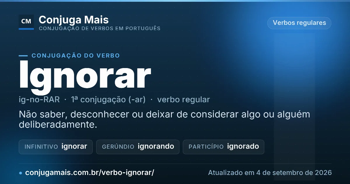Cartão do verbo ignorar com definição, formas principais, endereço da página e data de atualização.