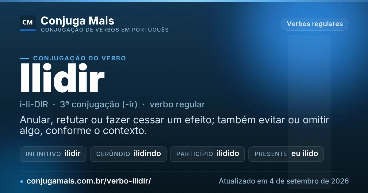 Cartão do verbo ilidir com definição, formas principais, endereço da página e data de atualização.
