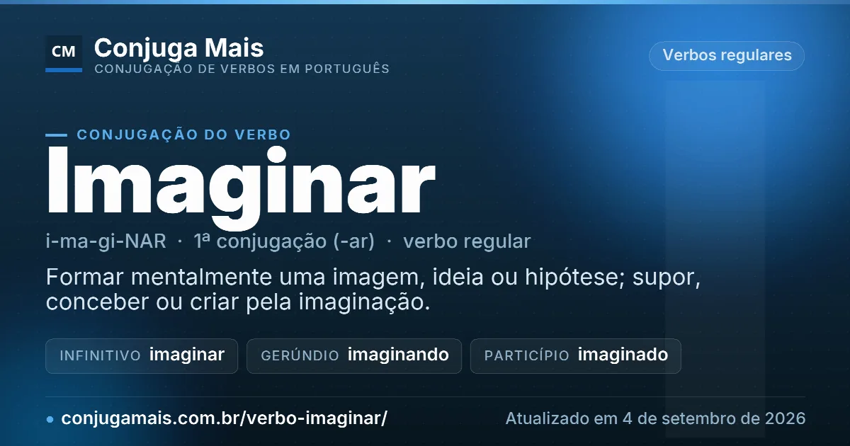 Cartão do verbo imaginar com definição, formas principais, endereço da página e data de atualização.