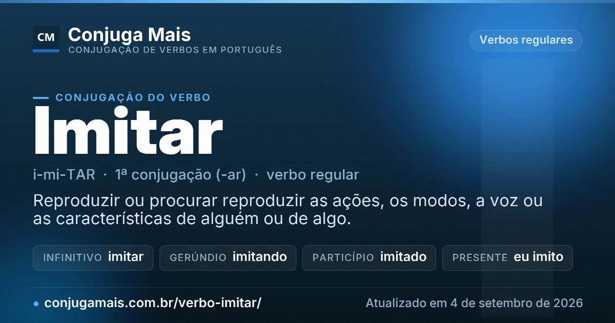 Cartão do verbo imitar com definição, formas principais, endereço da página e data de atualização.