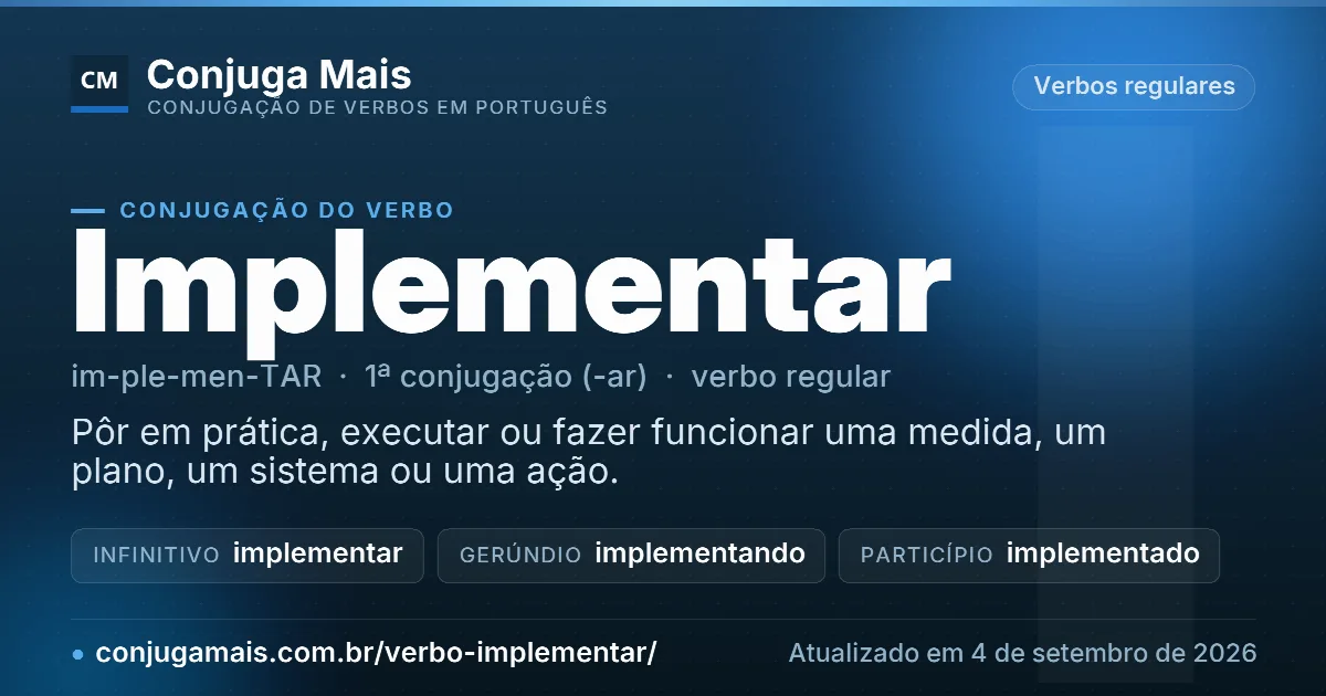Cartão do verbo implementar com definição, formas principais, endereço da página e data de atualização.