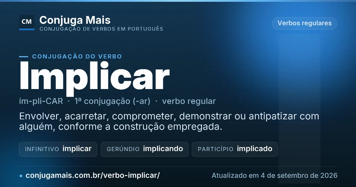 Cartão do verbo implicar com definição, formas principais, endereço da página e data de atualização.