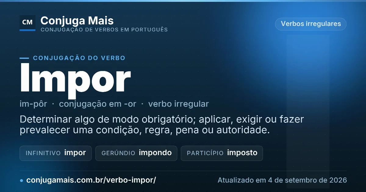 Cartão do verbo impor com definição, formas principais, endereço da página e data de atualização.
