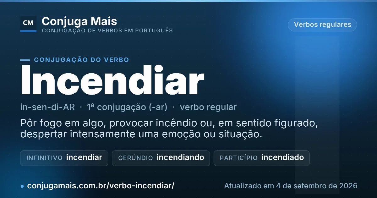 Cartão do verbo incendiar com definição, formas principais, endereço da página e data de atualização.