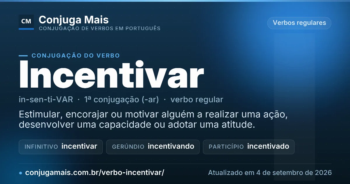 Cartão do verbo incentivar com definição, formas principais, endereço da página e data de atualização.