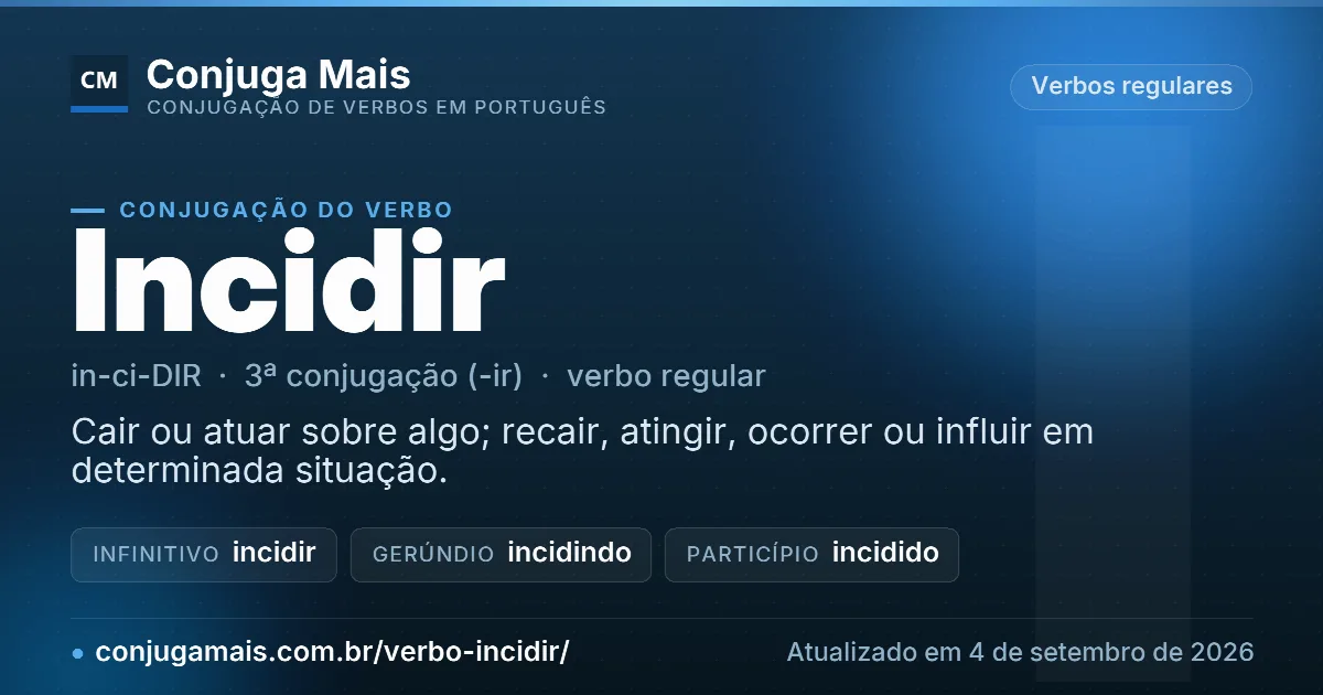 Cartão do verbo incidir com definição, formas principais, endereço da página e data de atualização.