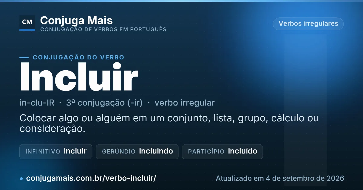 Cartão do verbo incluir com definição, formas principais, endereço da página e data de atualização.