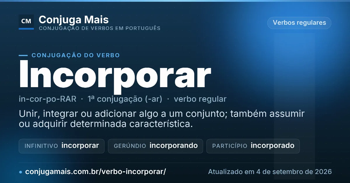 Cartão do verbo incorporar com definição, formas principais, endereço da página e data de atualização.