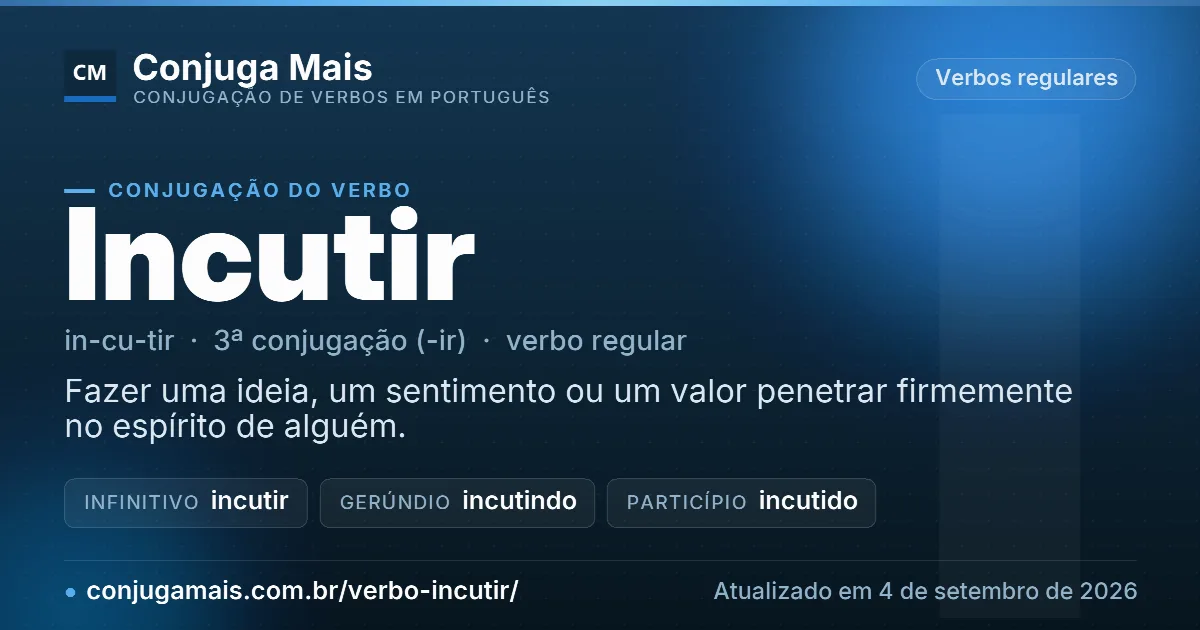 Cartão do verbo incutir com definição, formas principais, endereço da página e data de atualização.