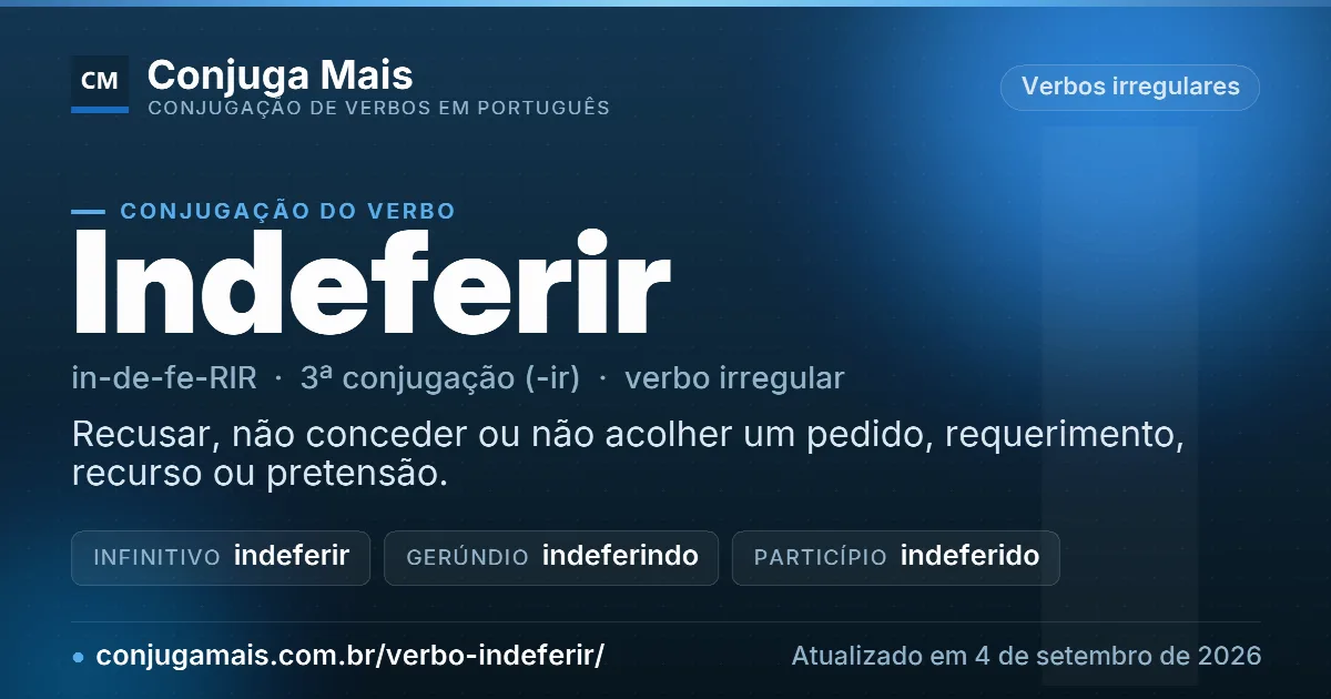 Cartão do verbo indeferir com definição, formas principais, endereço da página e data de atualização.