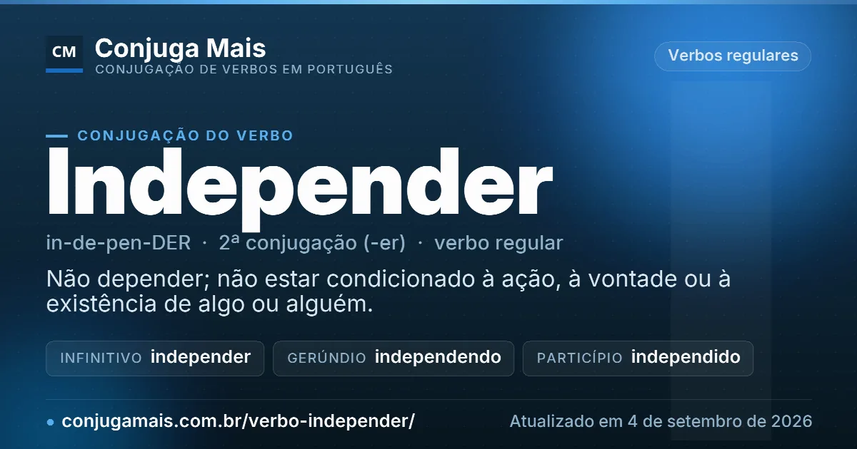 Cartão do verbo independer com definição, formas principais, endereço da página e data de atualização.