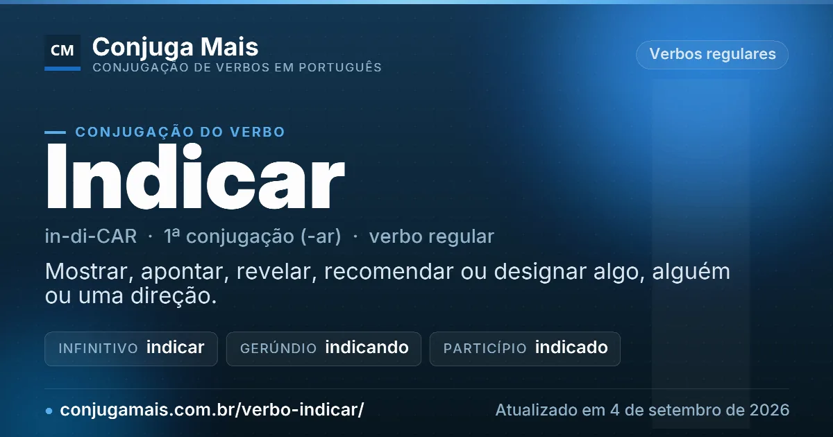 Cartão do verbo indicar com definição, formas principais, endereço da página e data de atualização.