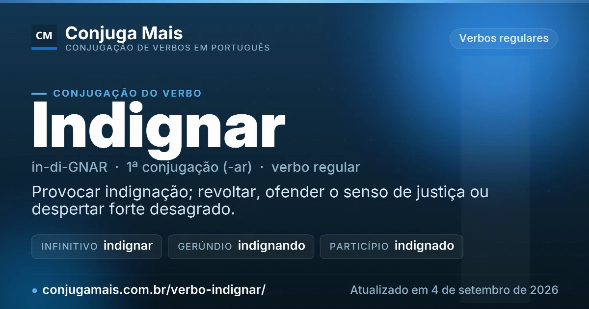 Cartão do verbo indignar com definição, formas principais, endereço da página e data de atualização.
