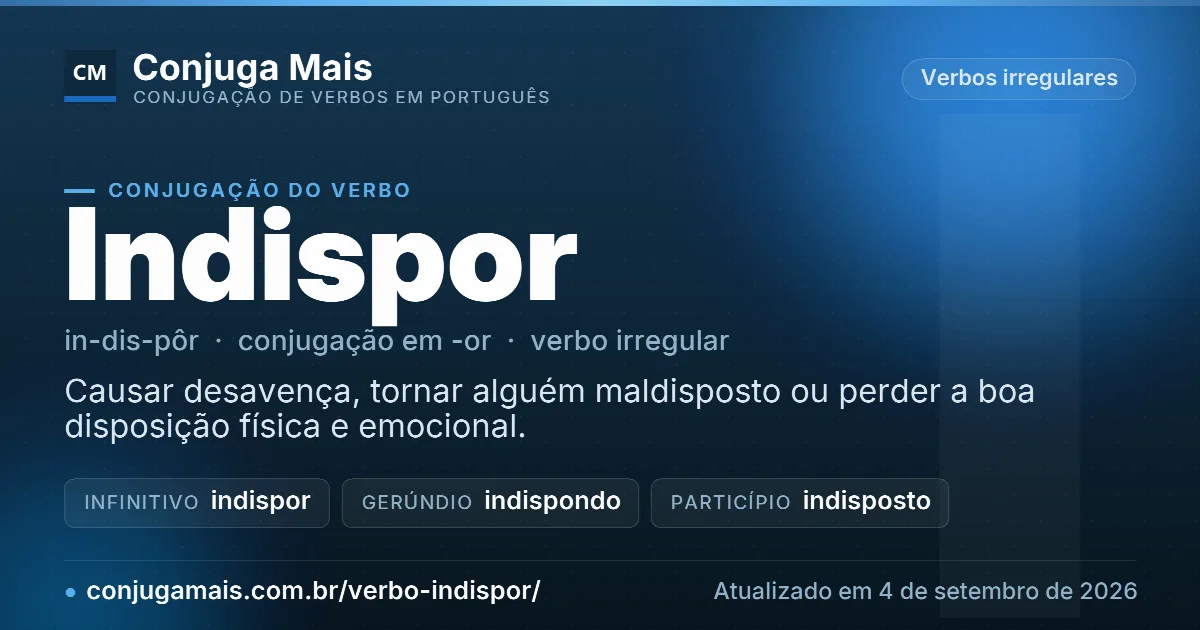 Cartão do verbo indispor com definição, formas principais, endereço da página e data de atualização.