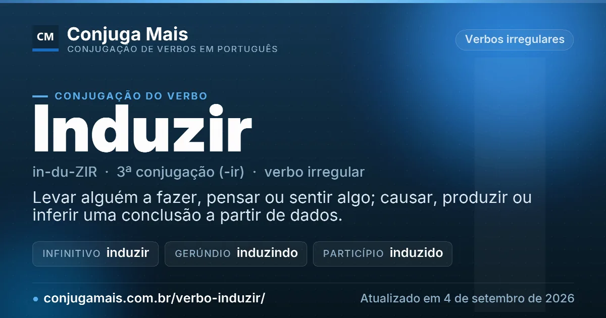 Cartão do verbo induzir com definição, formas principais, endereço da página e data de atualização.