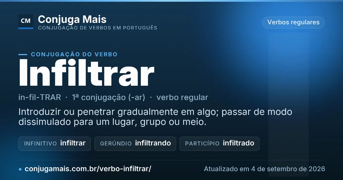 Cartão do verbo infiltrar com definição, formas principais, endereço da página e data de atualização.