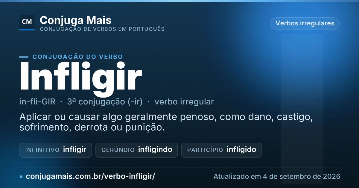 Cartão do verbo infligir com definição, formas principais, endereço da página e data de atualização.