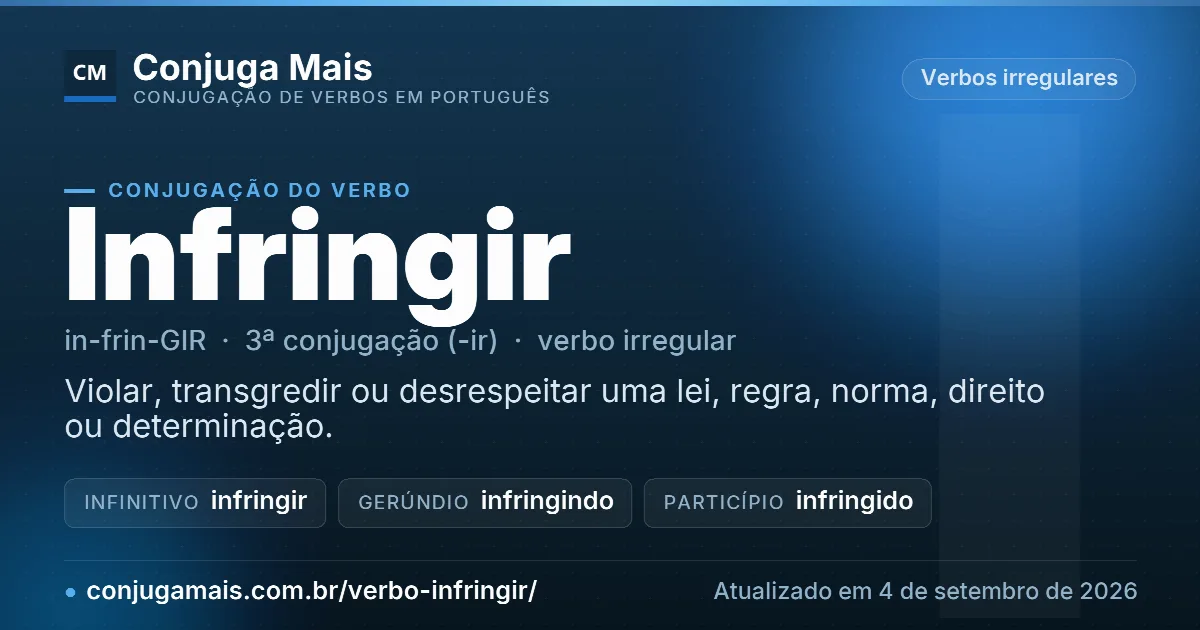 Cartão do verbo infringir com definição, formas principais, endereço da página e data de atualização.