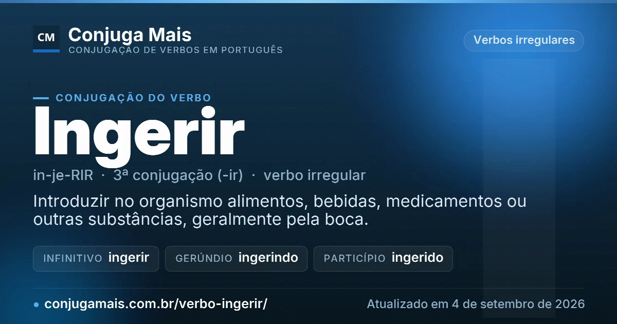 Cartão do verbo ingerir com definição, formas principais, endereço da página e data de atualização.