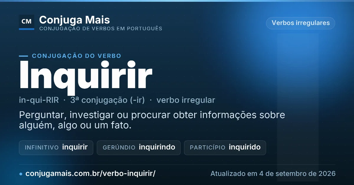 Cartão do verbo inquirir com definição, formas principais, endereço da página e data de atualização.