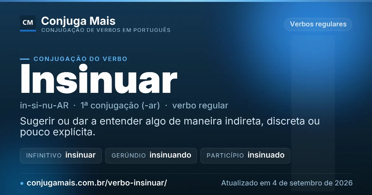Cartão do verbo insinuar com definição, formas principais, endereço da página e data de atualização.