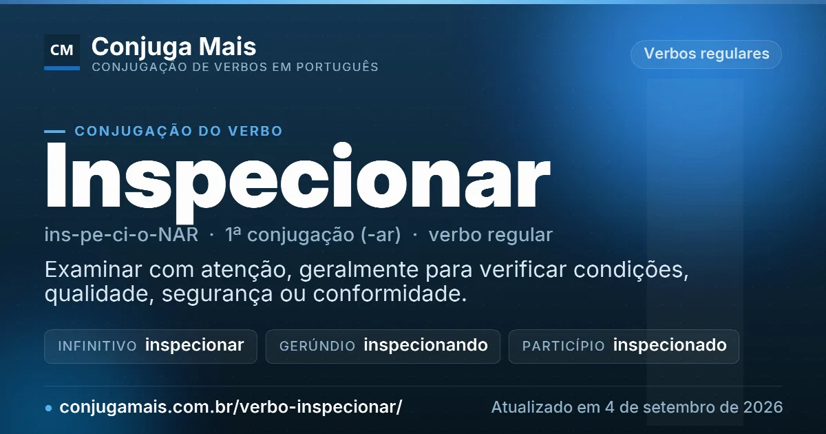 Cartão do verbo inspecionar com definição, formas principais, endereço da página e data de atualização.