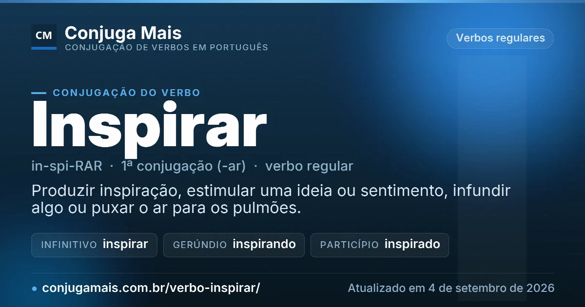 Cartão do verbo inspirar com definição, formas principais, endereço da página e data de atualização.