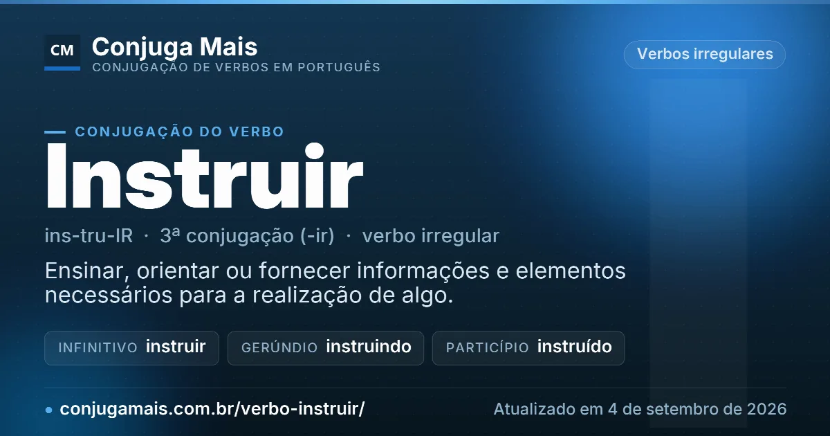 Cartão do verbo instruir com definição, formas principais, endereço da página e data de atualização.