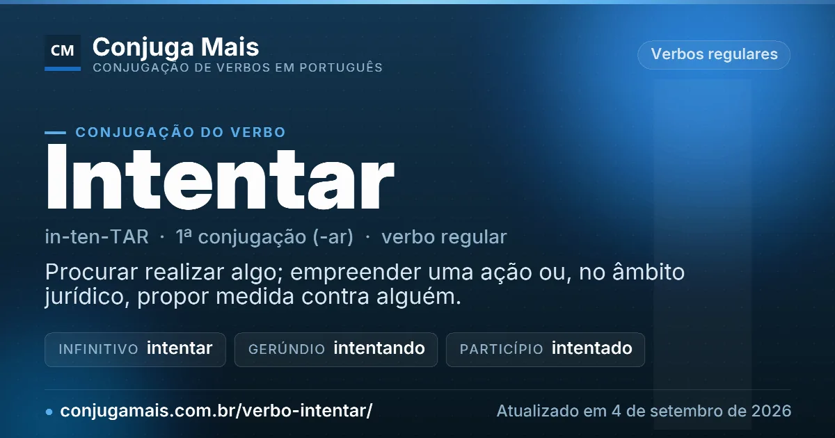 Cartão do verbo intentar com definição, formas principais, endereço da página e data de atualização.