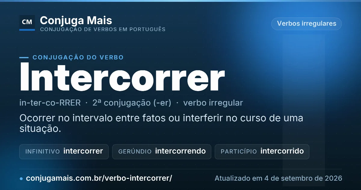 Cartão do verbo intercorrer com definição, formas principais, endereço da página e data de atualização.