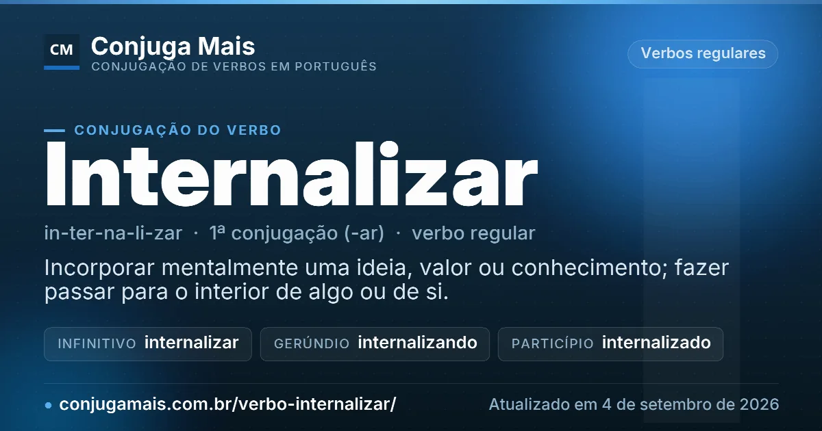 Cartão do verbo internalizar com definição, formas principais, endereço da página e data de atualização.