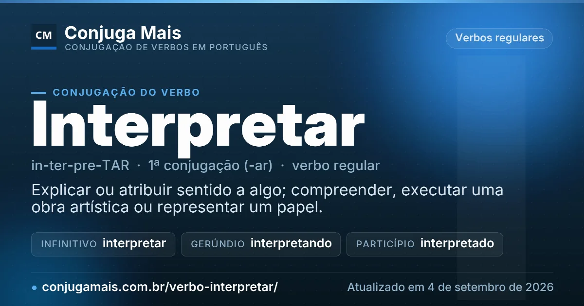 Cartão do verbo interpretar com definição, formas principais, endereço da página e data de atualização.