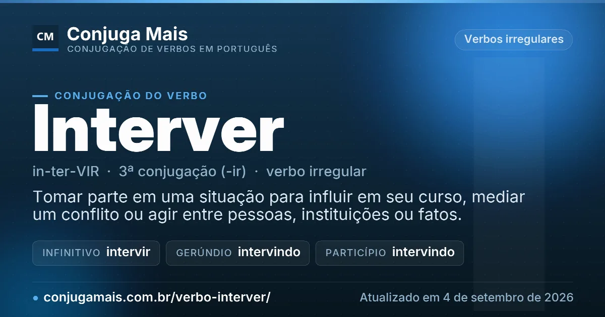 Cartão do verbo interver com definição, formas principais, endereço da página e data de atualização.