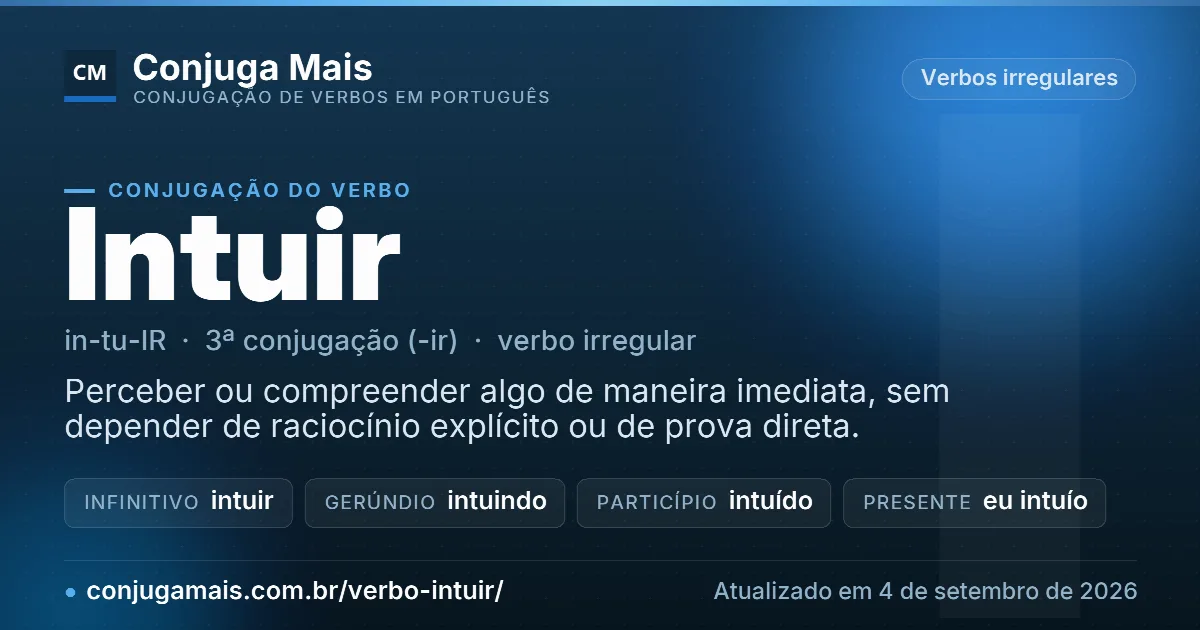 Cartão do verbo intuir com definição, formas principais, endereço da página e data de atualização.
