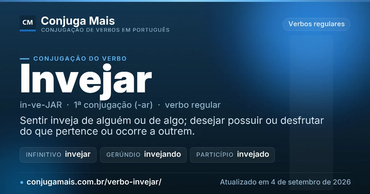 Cartão do verbo invejar com definição, formas principais, endereço da página e data de atualização.