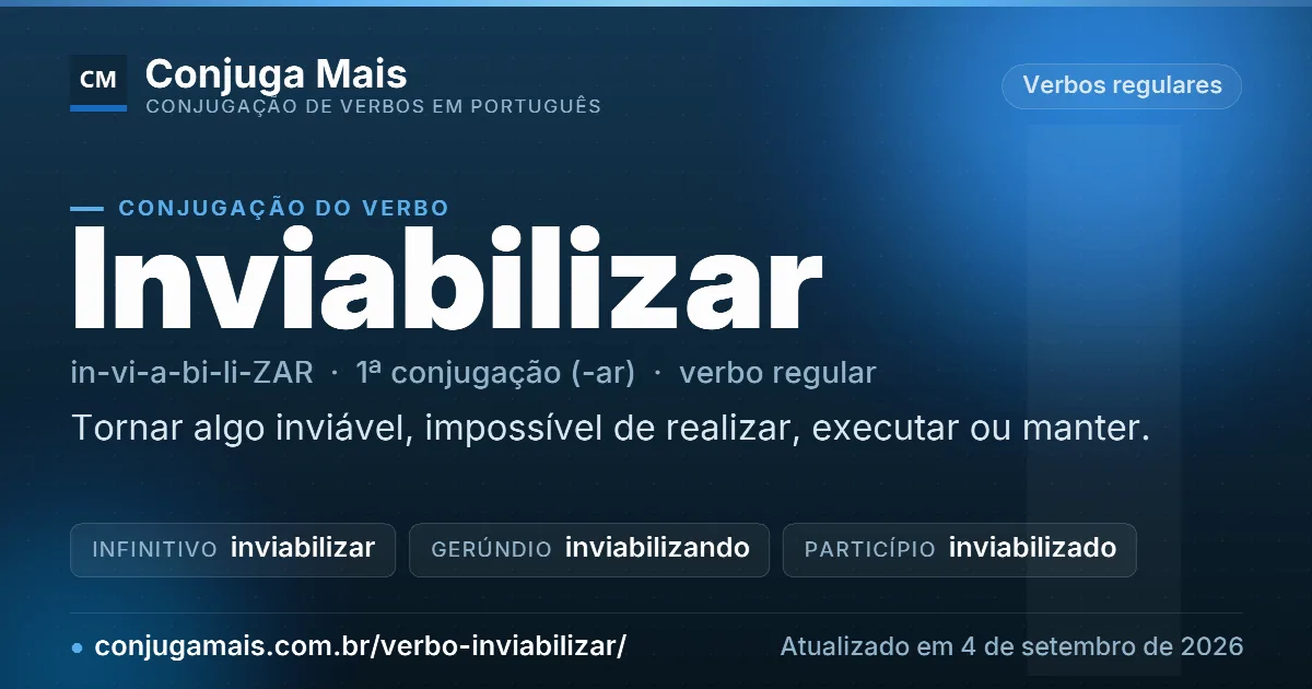 Cartão do verbo inviabilizar com definição, formas principais, endereço da página e data de atualização.