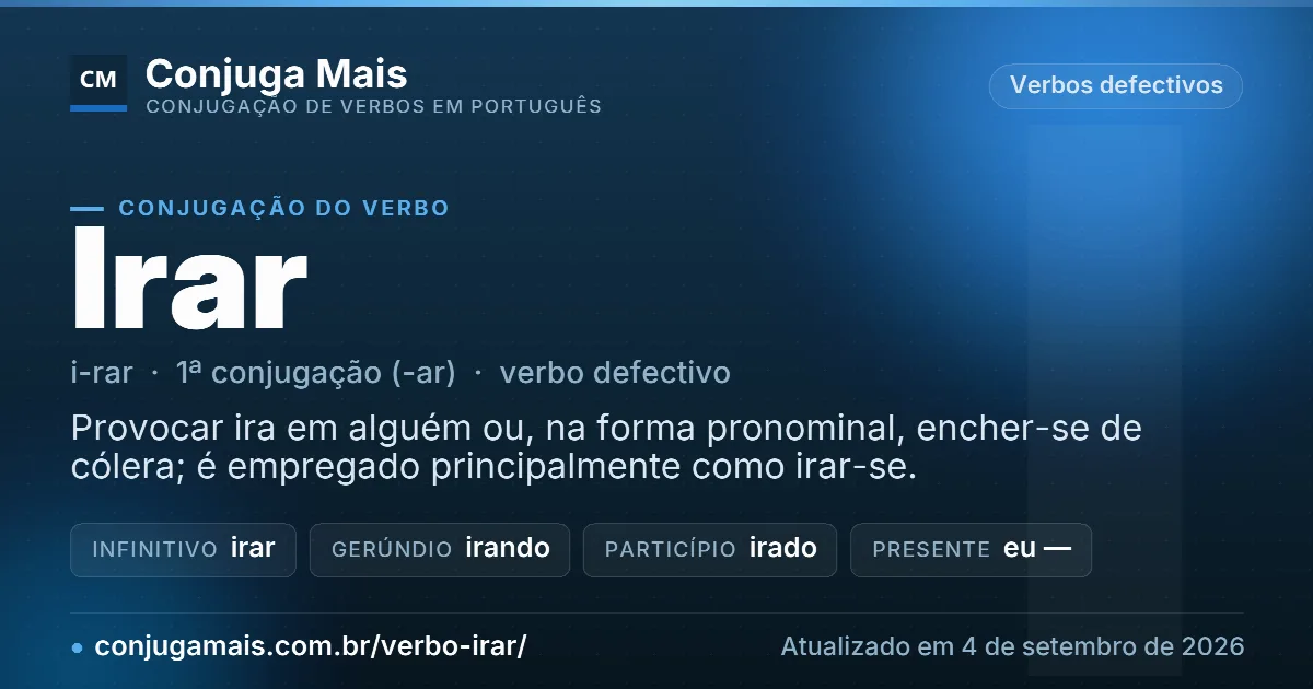 Cartão do verbo irar com definição, formas principais, endereço da página e data de atualização.