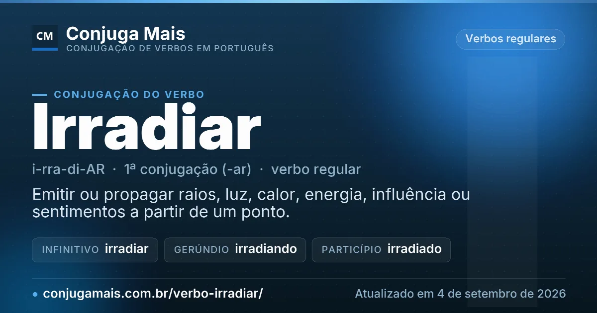 Cartão do verbo irradiar com definição, formas principais, endereço da página e data de atualização.