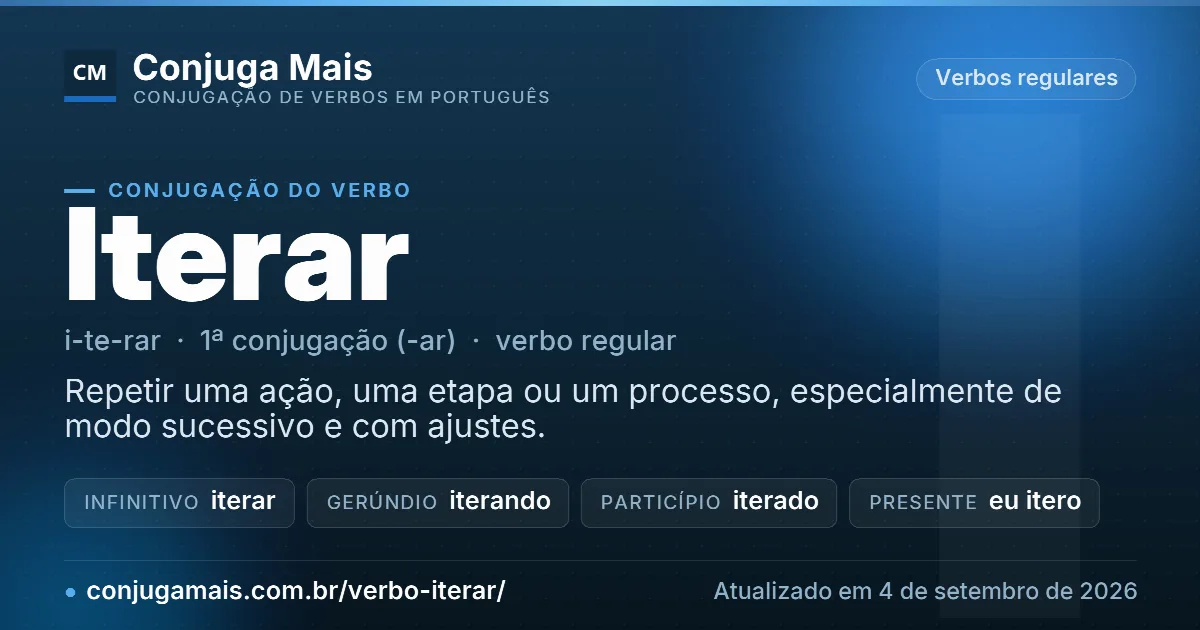 Cartão do verbo iterar com definição, formas principais, endereço da página e data de atualização.