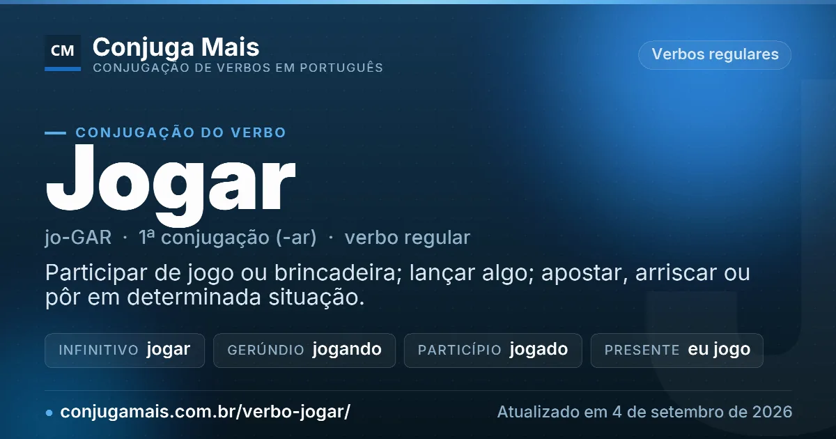 Cartão do verbo jogar com definição, formas principais, endereço da página e data de atualização.