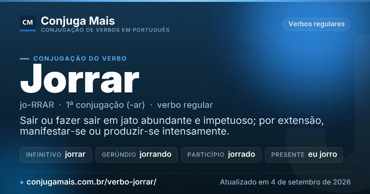 Cartão do verbo jorrar com definição, formas principais, endereço da página e data de atualização.