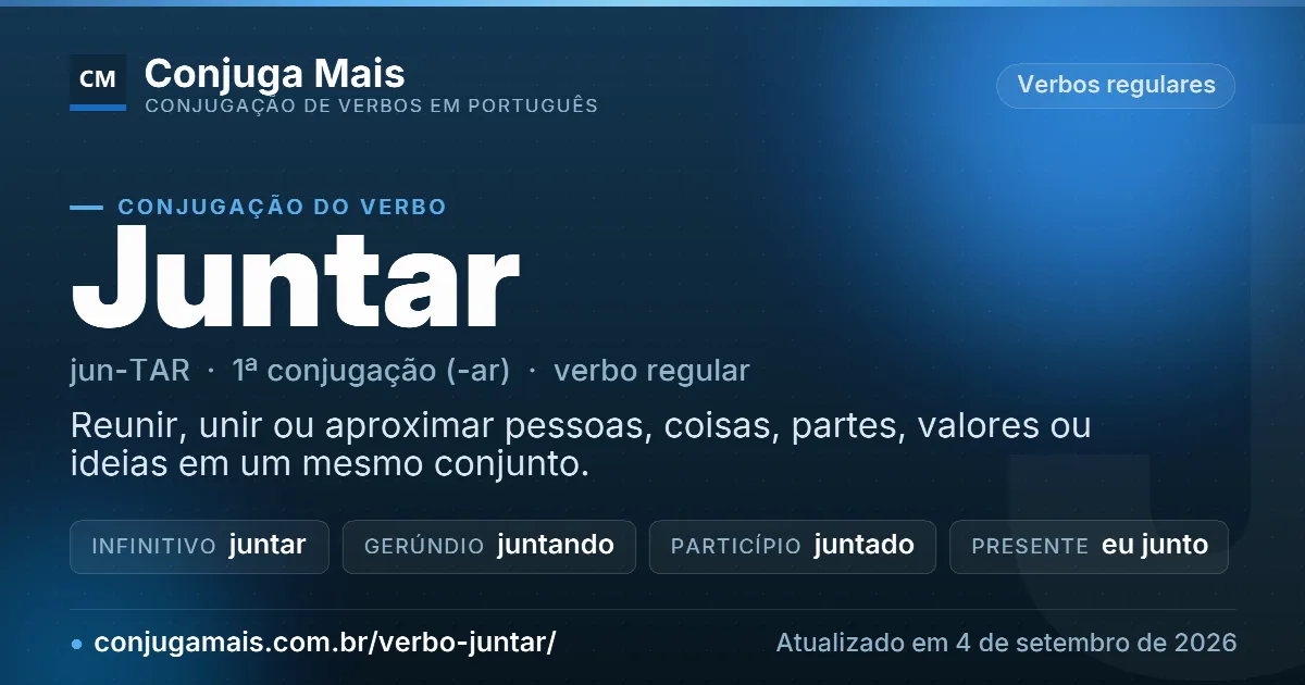 Cartão do verbo juntar com definição, formas principais, endereço da página e data de atualização.